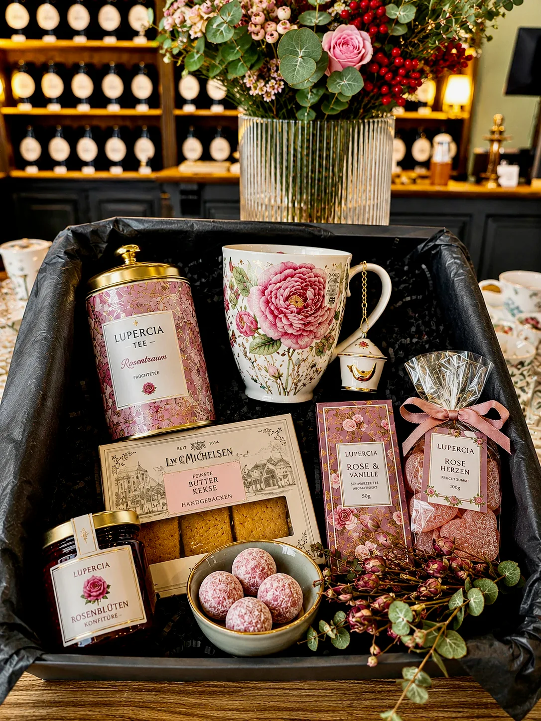 A Lupercia gift box with rose tea, floral porcelain, pastries and rose jam