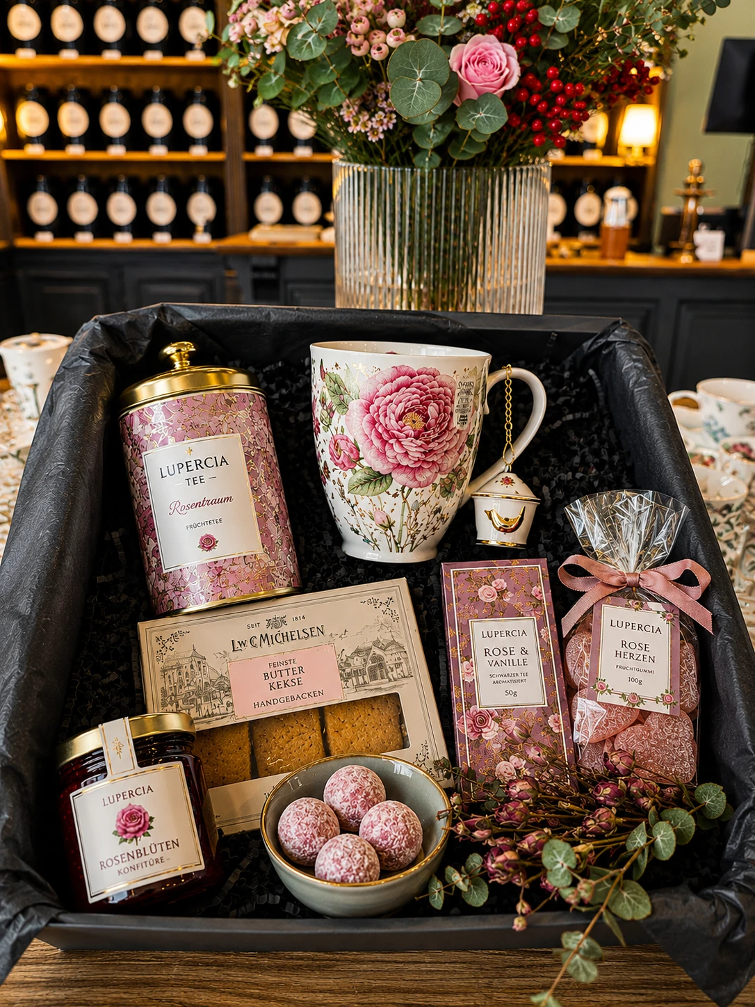 Beispielhafte Lupercia Geschenkbox mit Tee, Tasse, Gebäck, Konfitüre und floralen Details
