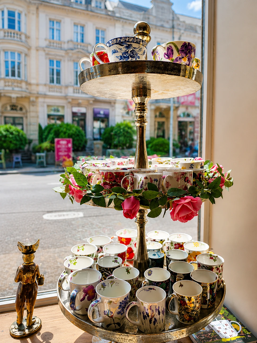 Florales Porzellan und Gebäck auf einer Etagere im Lupercia Salon