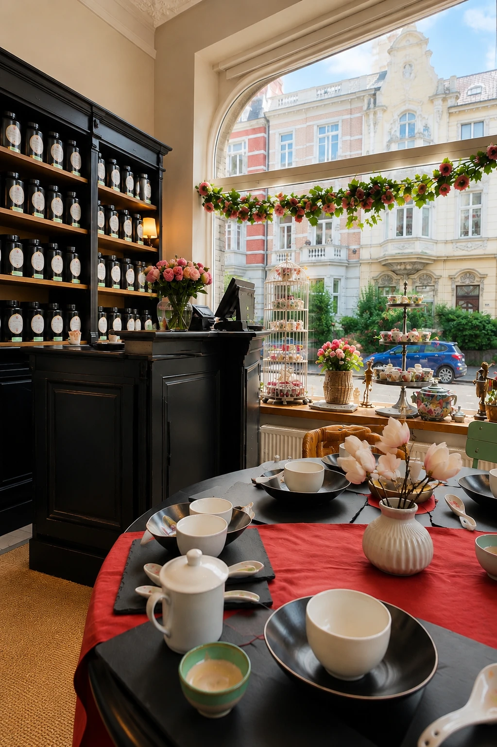Innenansicht des Lupercia Salons mit Teeregal, Schaufenster und gedecktem Teetisch
